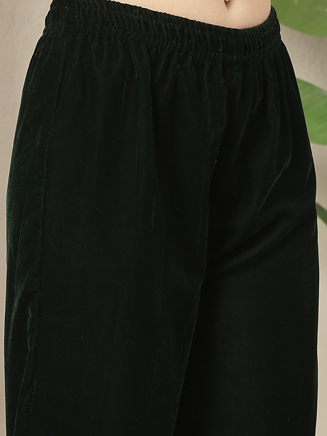 Green Solid Velvet Flared Kurta Palazzo Dupatta Set