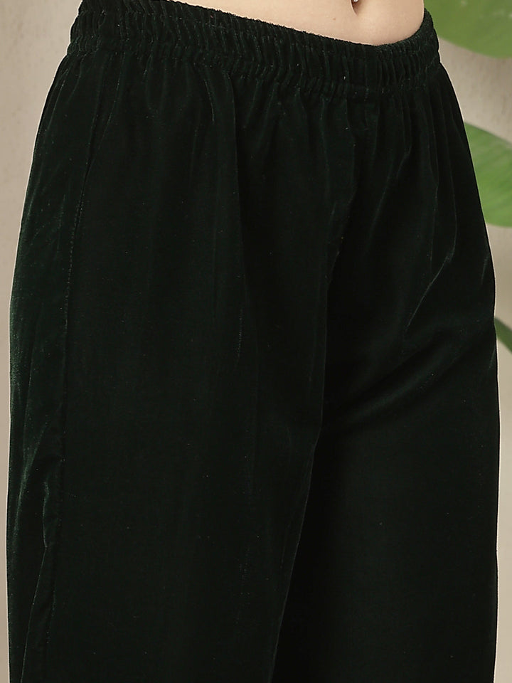 Green Solid Velvet Flared Kurta Palazzo Dupatta Set