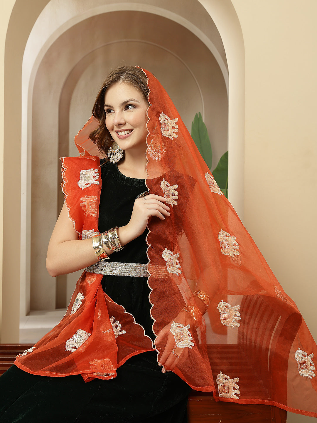 Green Solid Velvet Flared Kurta Palazzo Dupatta Set