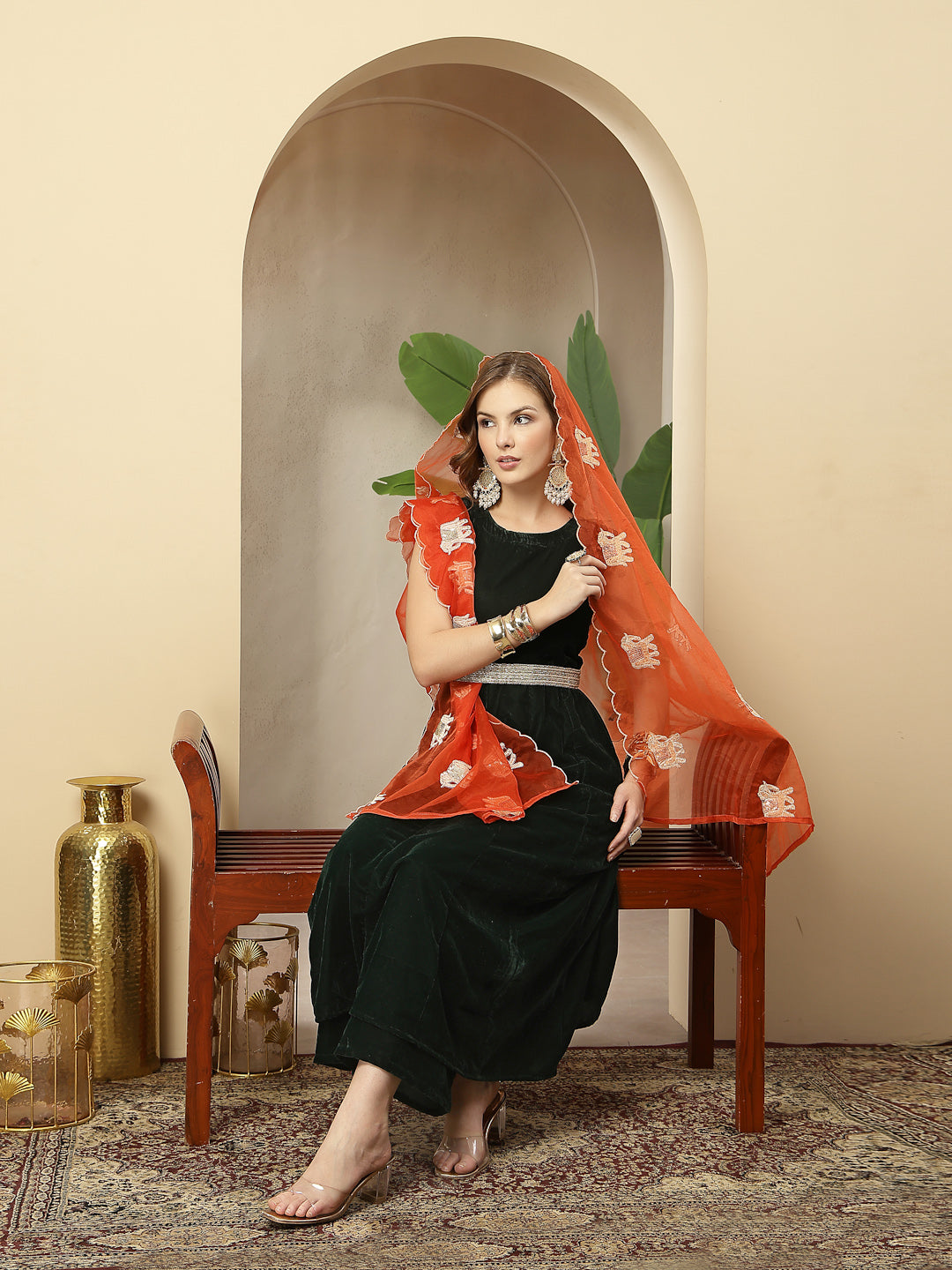 Green Solid Velvet Flared Kurta Palazzo Dupatta Set