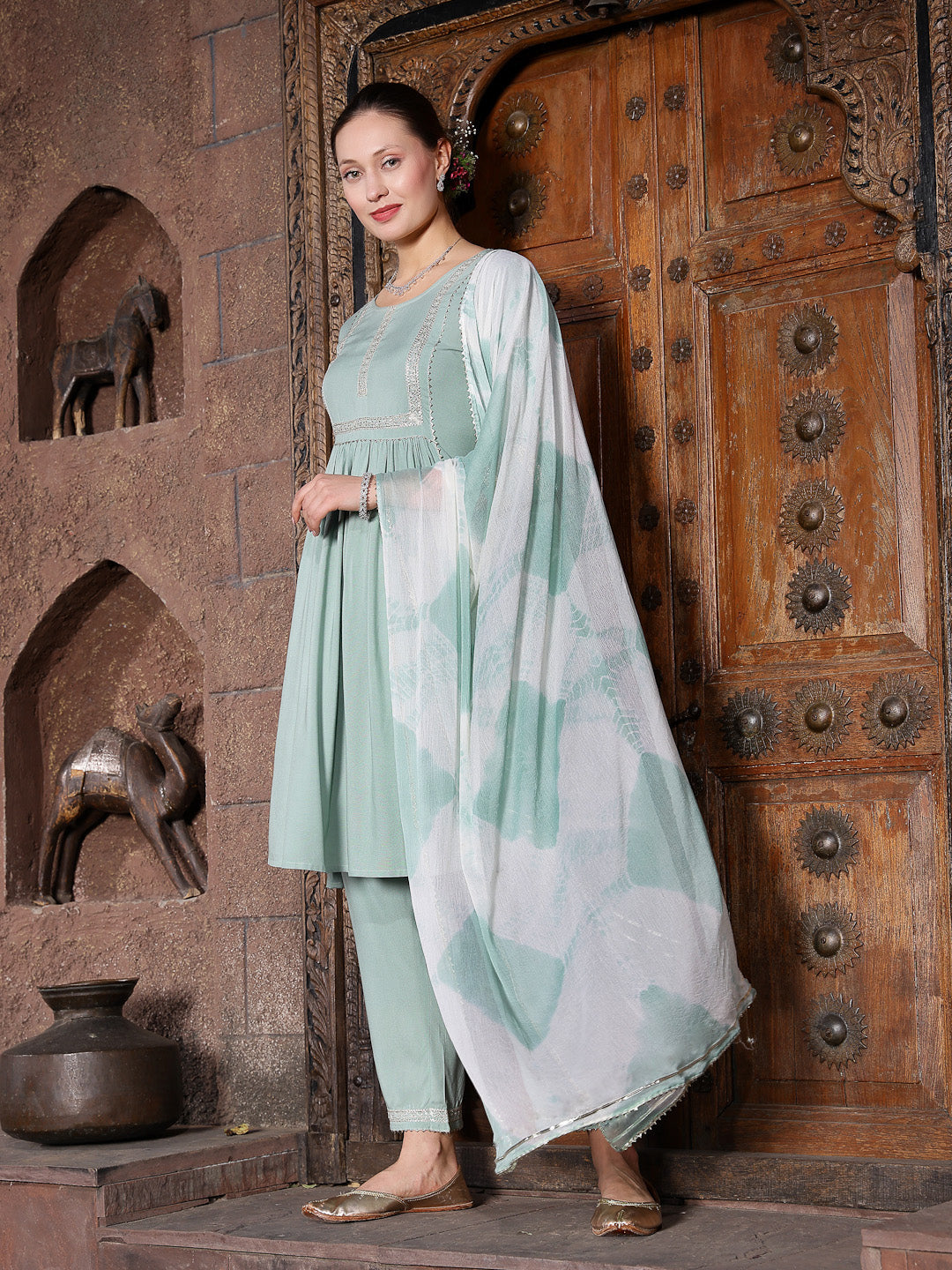 Pista-Green-Rayon-A-Line-3-Piece-Kurta-Set