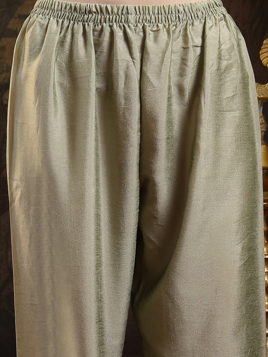 Green Solid & Embroidered Silk Blend Flared Kurta Pant Dupatta Set