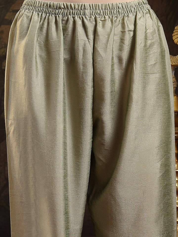 Green Solid & Embroidered Silk Blend Flared Kurta Pant Dupatta Set