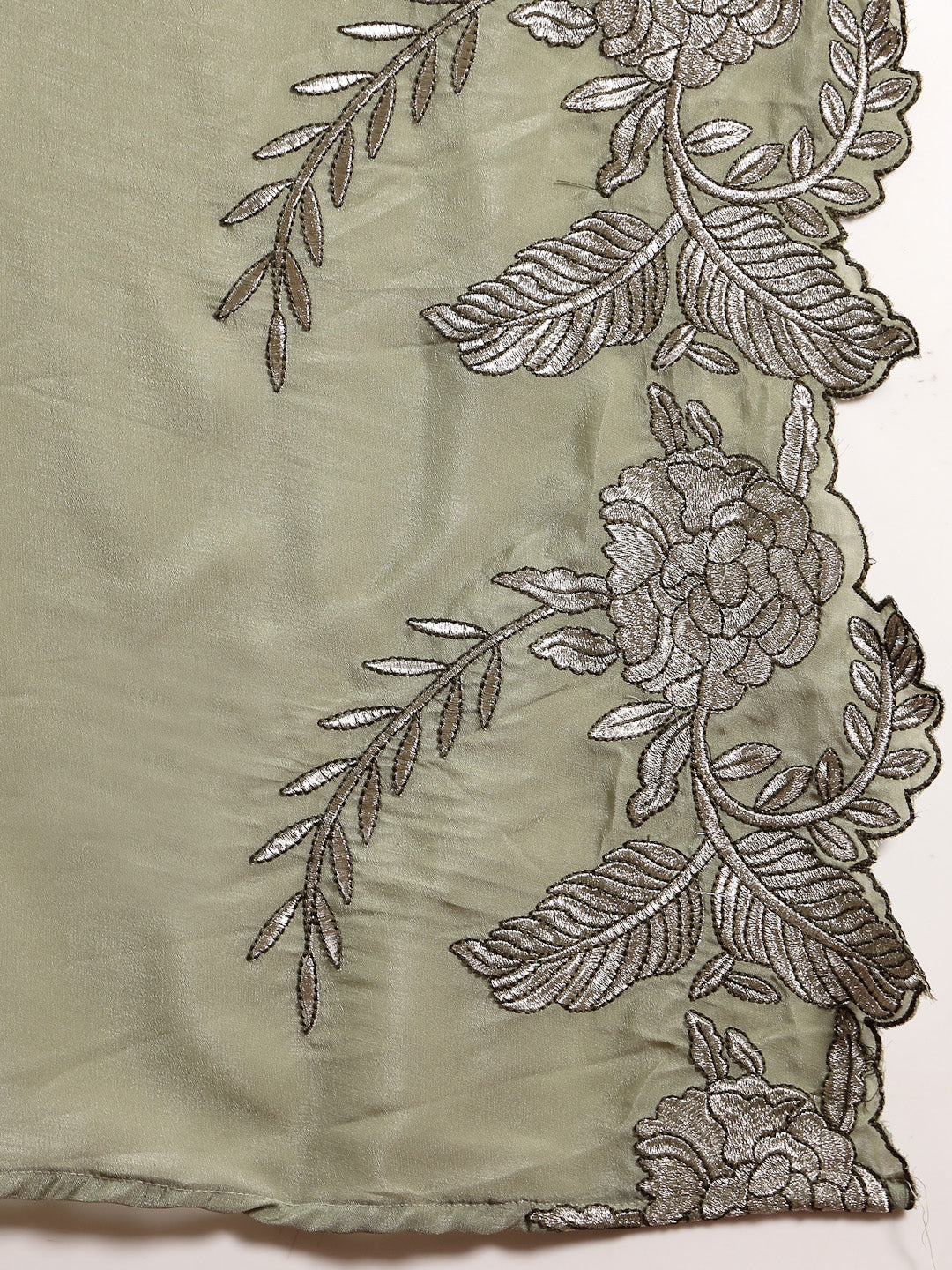 Green Solid & Embroidered Silk Blend Flared Kurta Pant Dupatta Set
