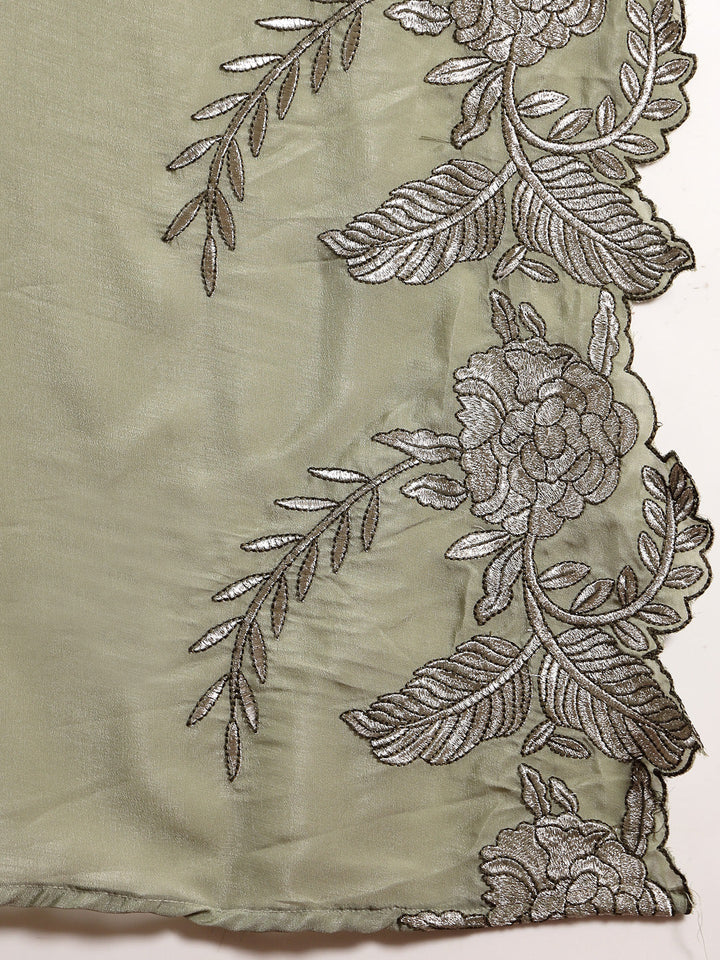 Green Solid & Embroidered Silk Blend Flared Kurta Pant Dupatta Set