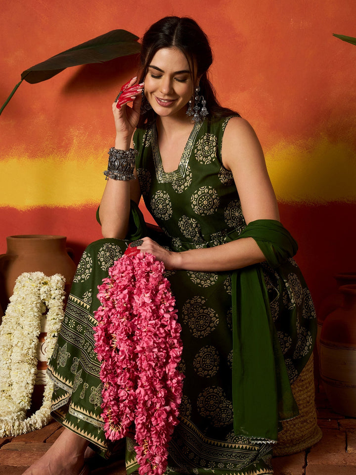 Green Ethnic Motif Printed Rayon Anarkali Kurta Pant Dupatta Set