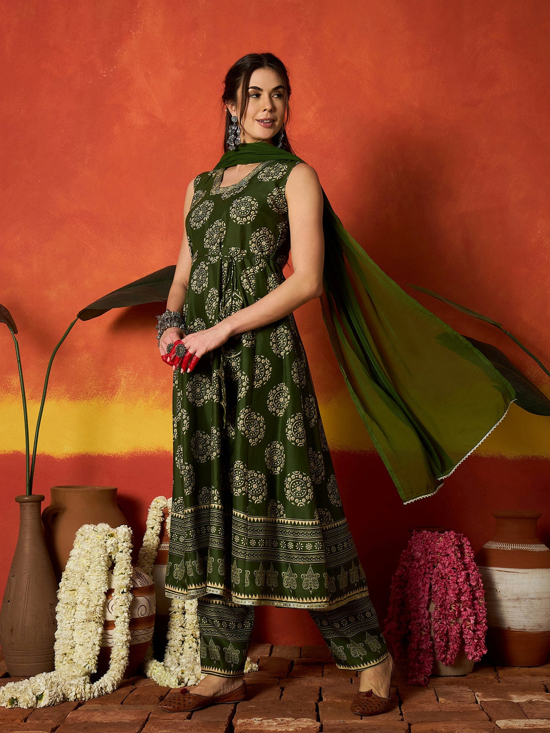 Green Ethnic Motif Printed Rayon Anarkali Kurta Pant Dupatta Set