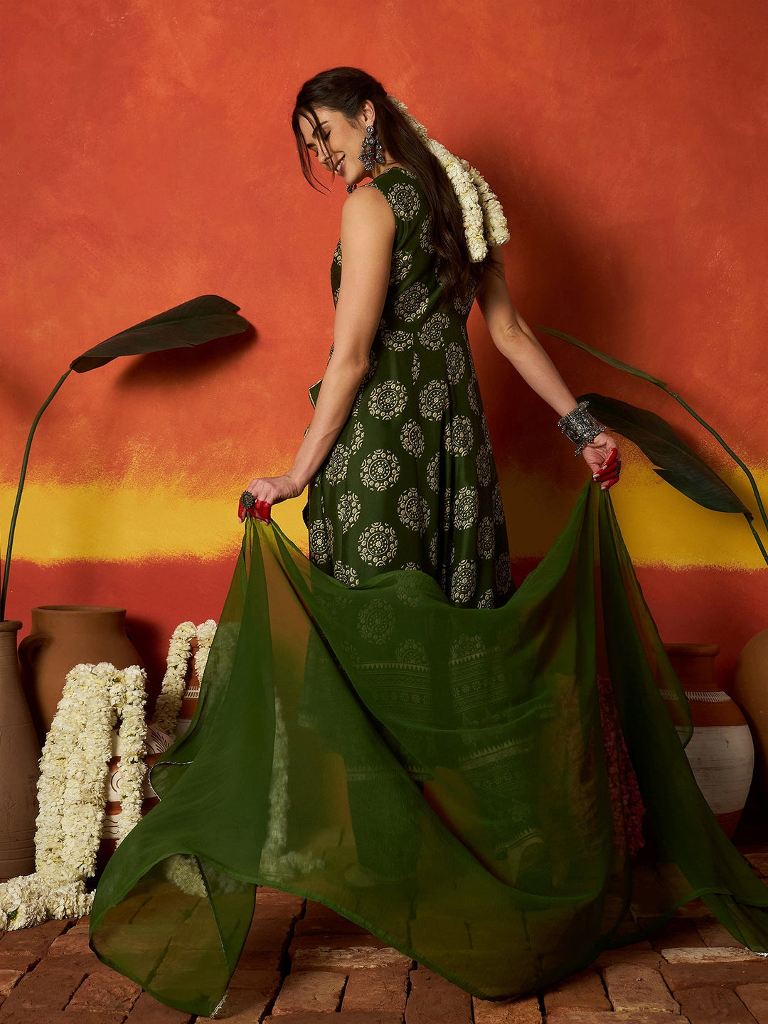 Green Ethnic Motif Printed Rayon Anarkali Kurta Pant Dupatta Set