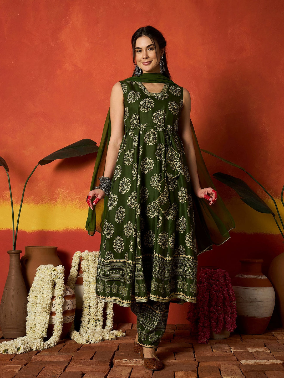 Green Ethnic Motif Printed Rayon Anarkali Kurta Pant Dupatta Set
