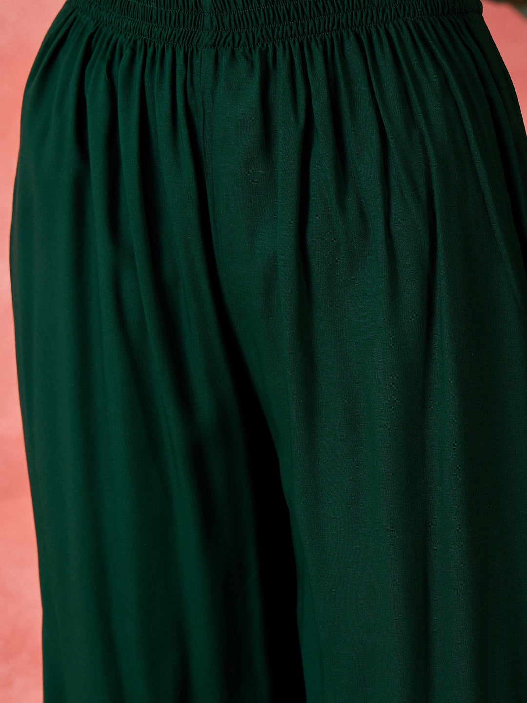 Green Solid & Embellished Rayon Flared Kurta Palazzo Dupatta Set