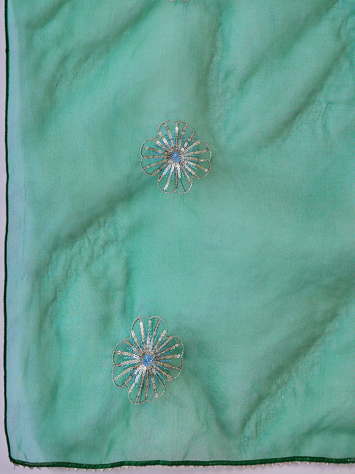 Green Solid & Embellished Rayon Flared Kurta Palazzo Dupatta Set