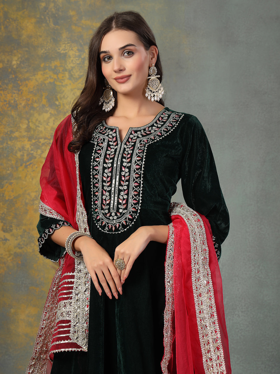 Green-Velvet-Solid-&-Embroidered-Flared-3-Piece-Kurta-Set