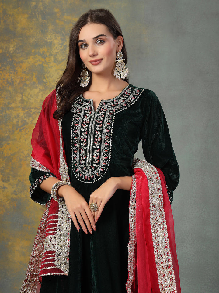 Green-Velvet-Solid-&-Embroidered-Flared-3-Piece-Kurta-Set