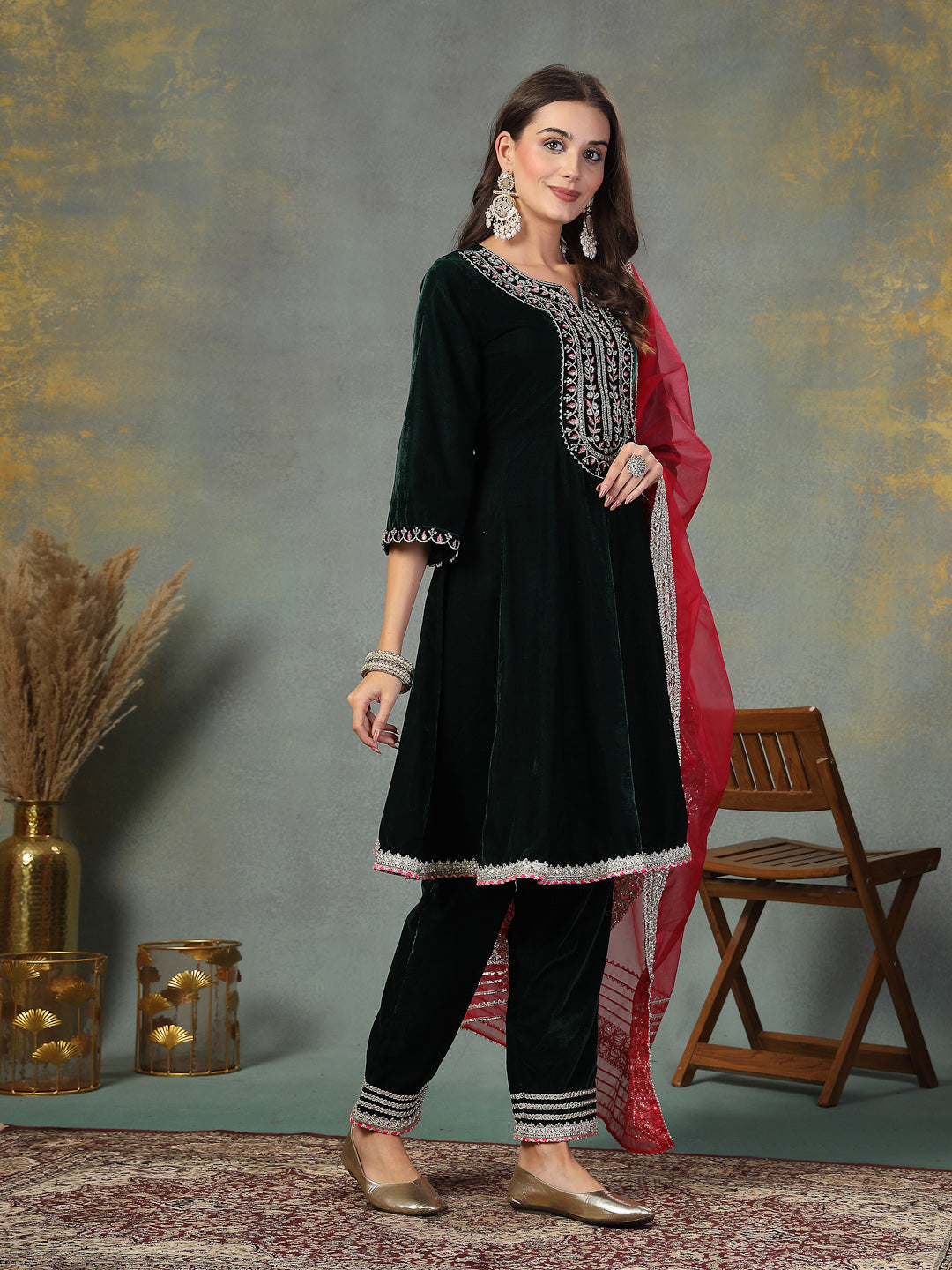 Green-Velvet-Solid-&-Embroidered-Flared-3-Piece-Kurta-Set