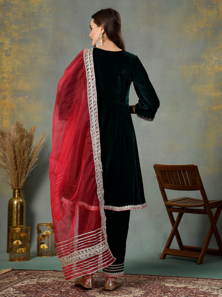 Green-Velvet-Solid-&-Embroidered-Flared-3-Piece-Kurta-Set