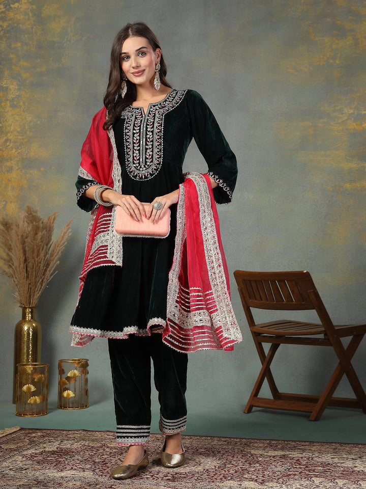 Green-Velvet-Solid-&-Embroidered-Flared-3-Piece-Kurta-Set