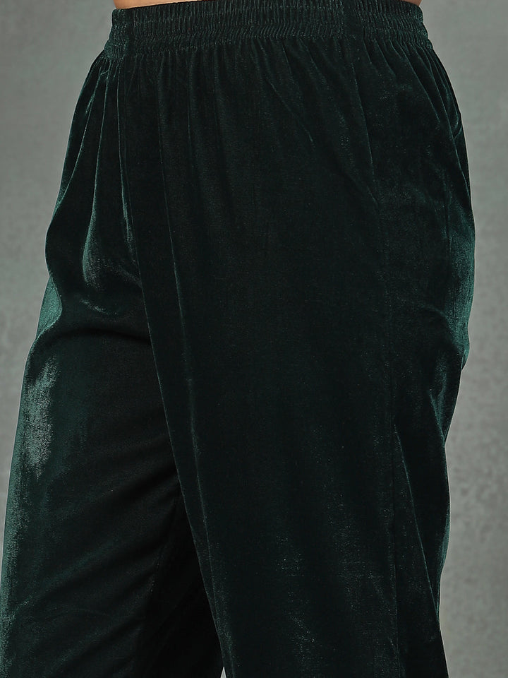 Green-Velvet-Solid-&-Embroidered-Flared-3-Piece-Kurta-Set