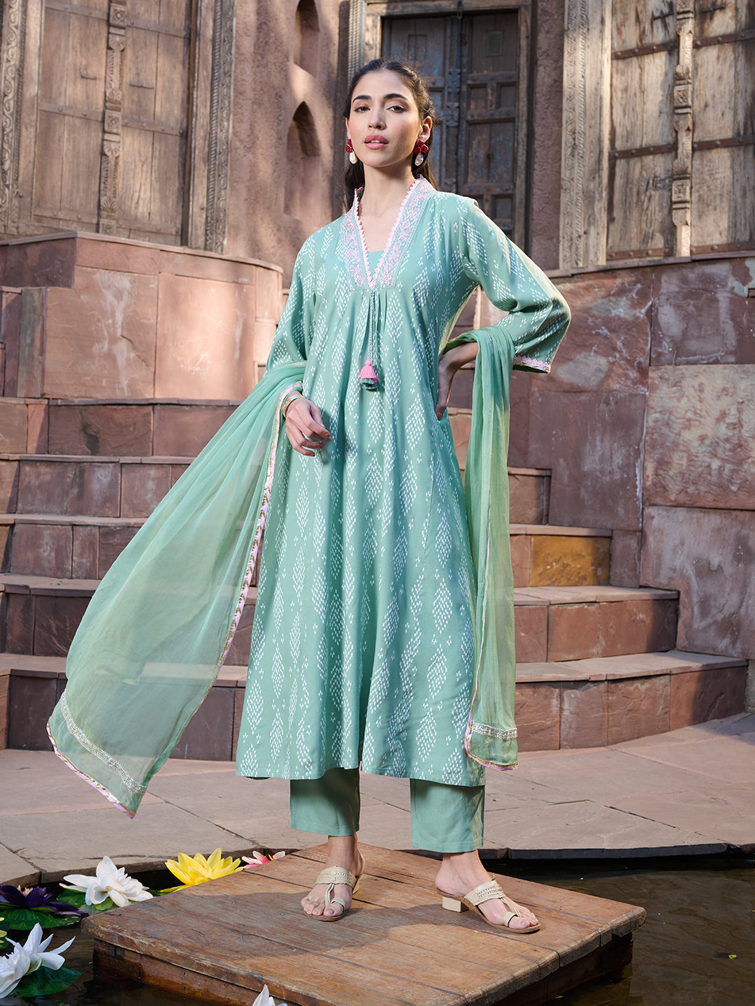 Green-Rayon-Printed-A-Line-3-Piece-Kurta-Set