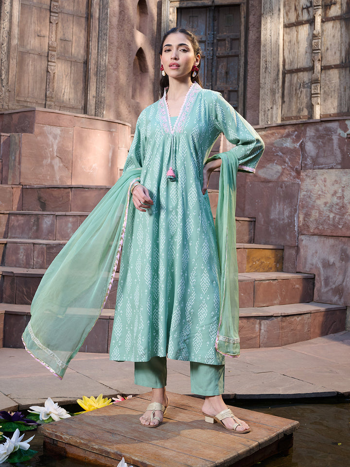 Green-Rayon-Printed-A-Line-3-Piece-Kurta-Set