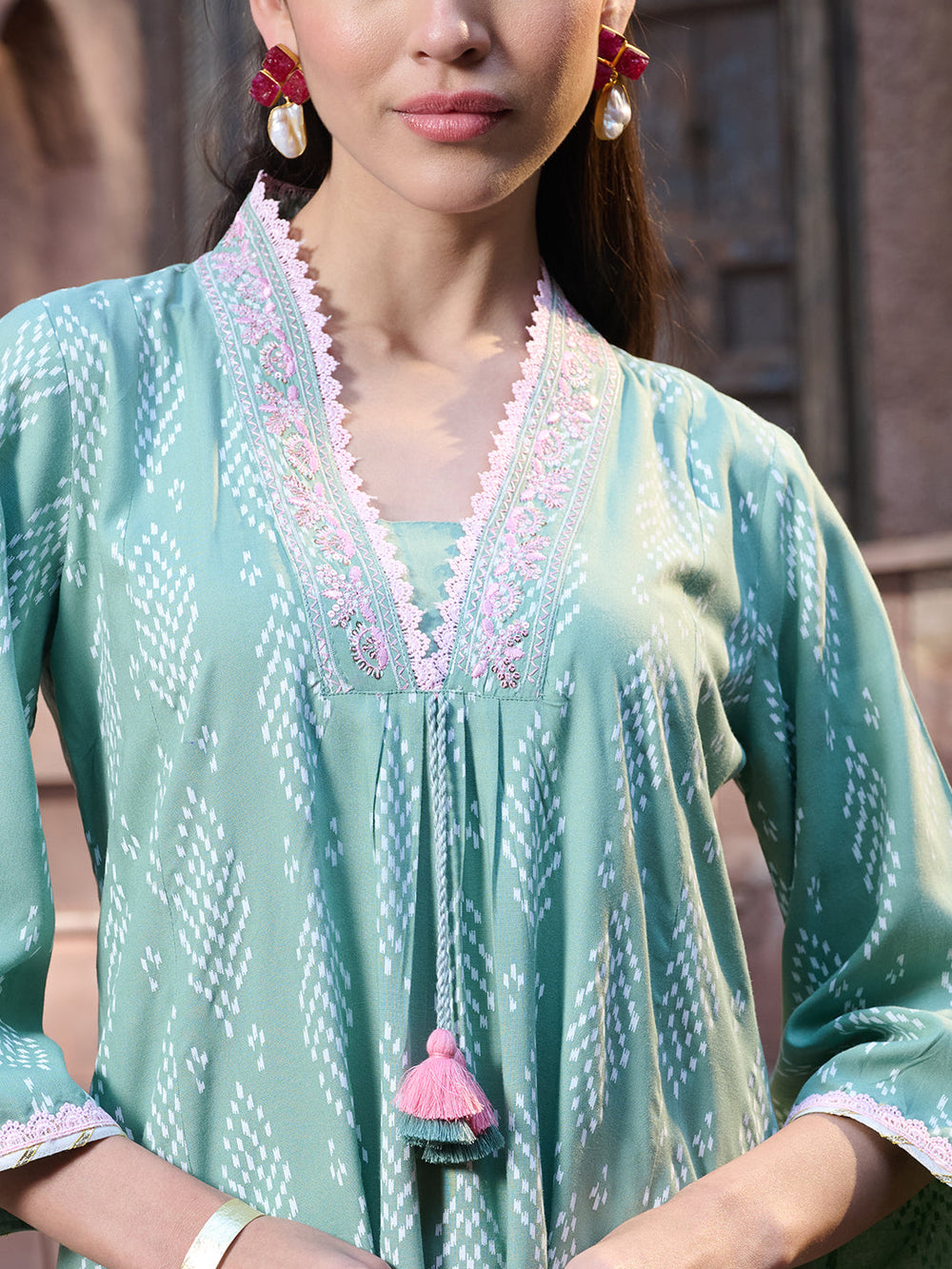 Green-Rayon-Printed-A-Line-3-Piece-Kurta-Set