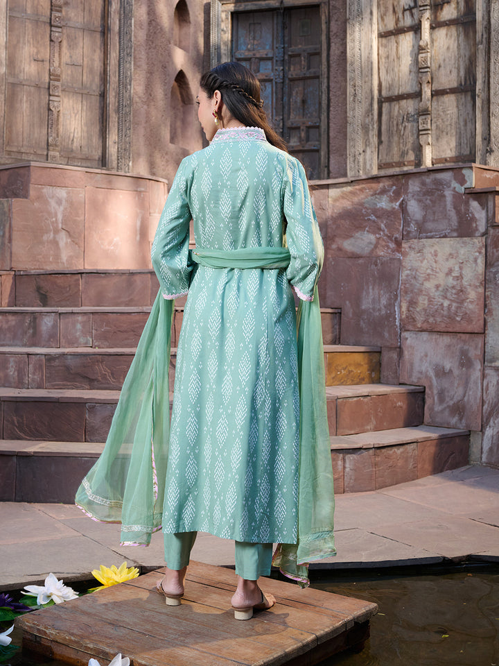 Green-Rayon-Printed-A-Line-3-Piece-Kurta-Set