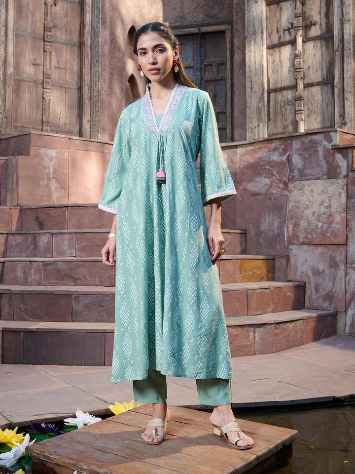 Green-Rayon-Printed-A-Line-3-Piece-Kurta-Set