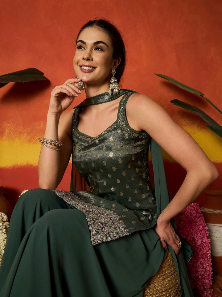 Green Woven Design & Embroidered Brocade Straight Kurti Palazzo Dupatta Set