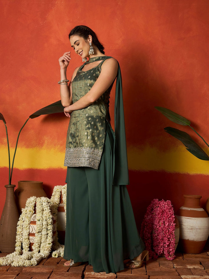 Green Woven Design & Embroidered Brocade Straight Kurti Palazzo Dupatta Set