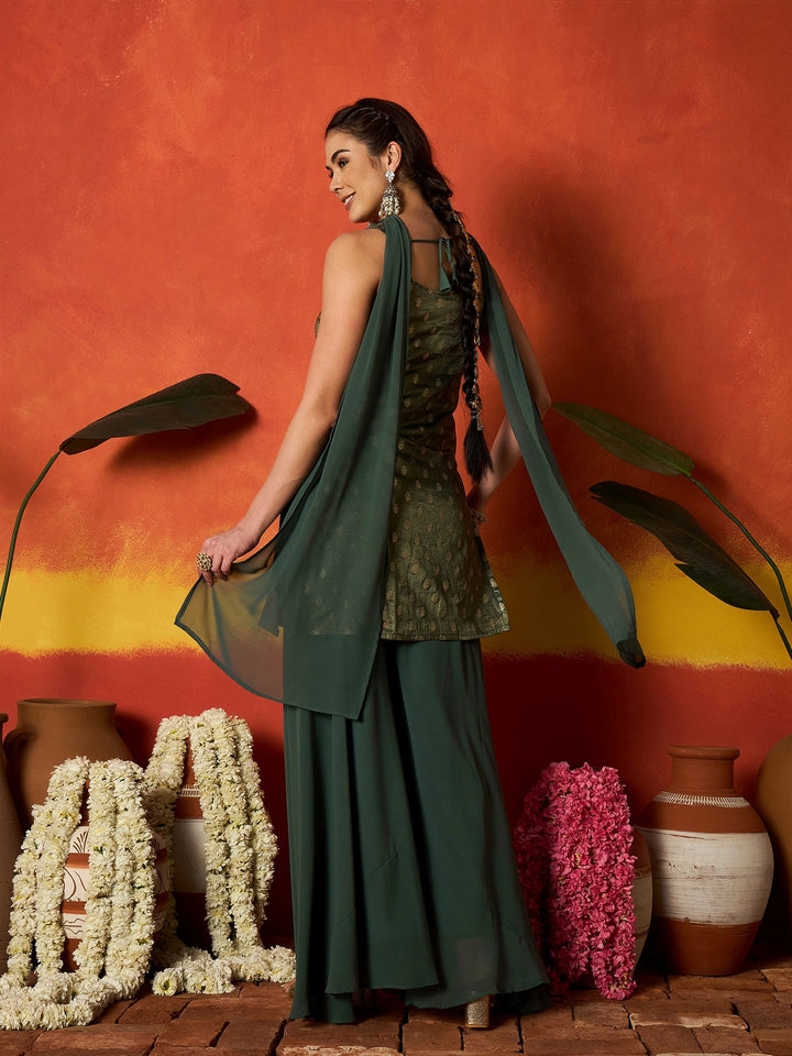 Green Woven Design & Embroidered Brocade Straight Kurti Palazzo Dupatta Set