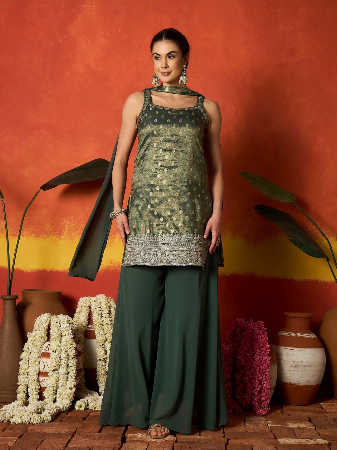 Green Woven Design & Embroidered Brocade Straight Kurti Palazzo Dupatta Set