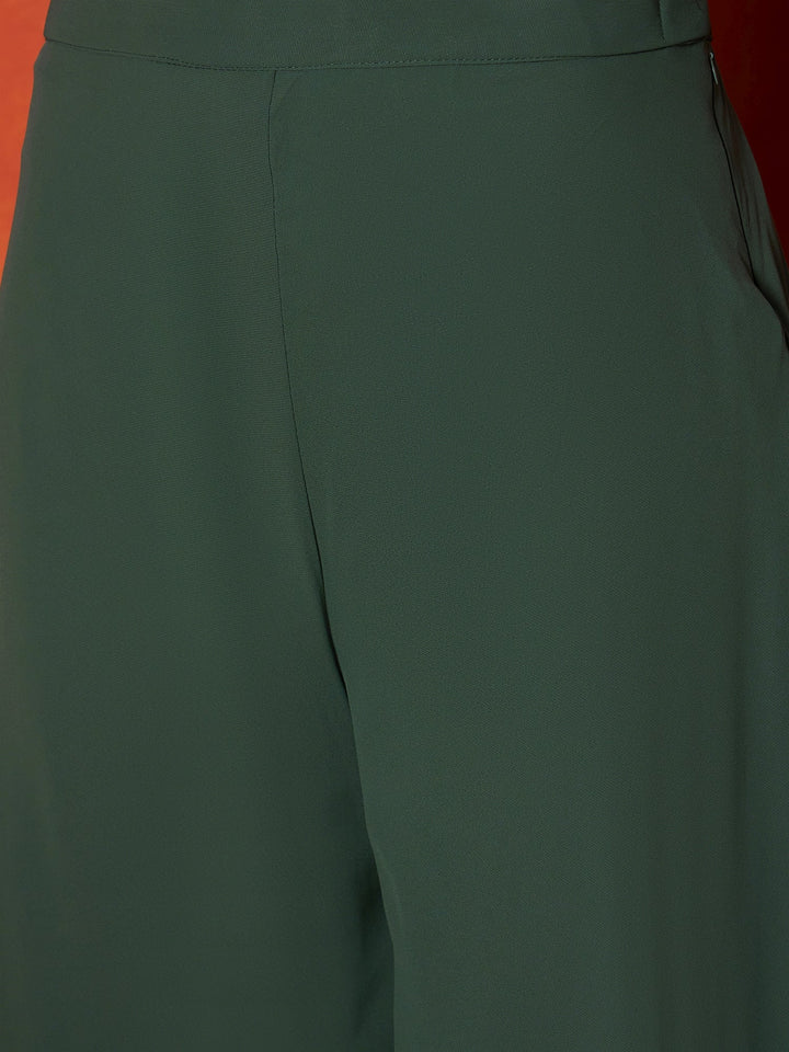 Green Woven Design & Embroidered Brocade Straight Kurti Palazzo Dupatta Set
