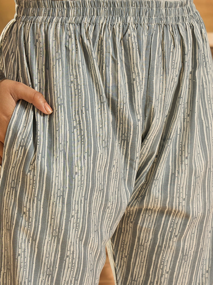 Grey Floral Printed Cotton Straight Kurta Pant Dupatta Set