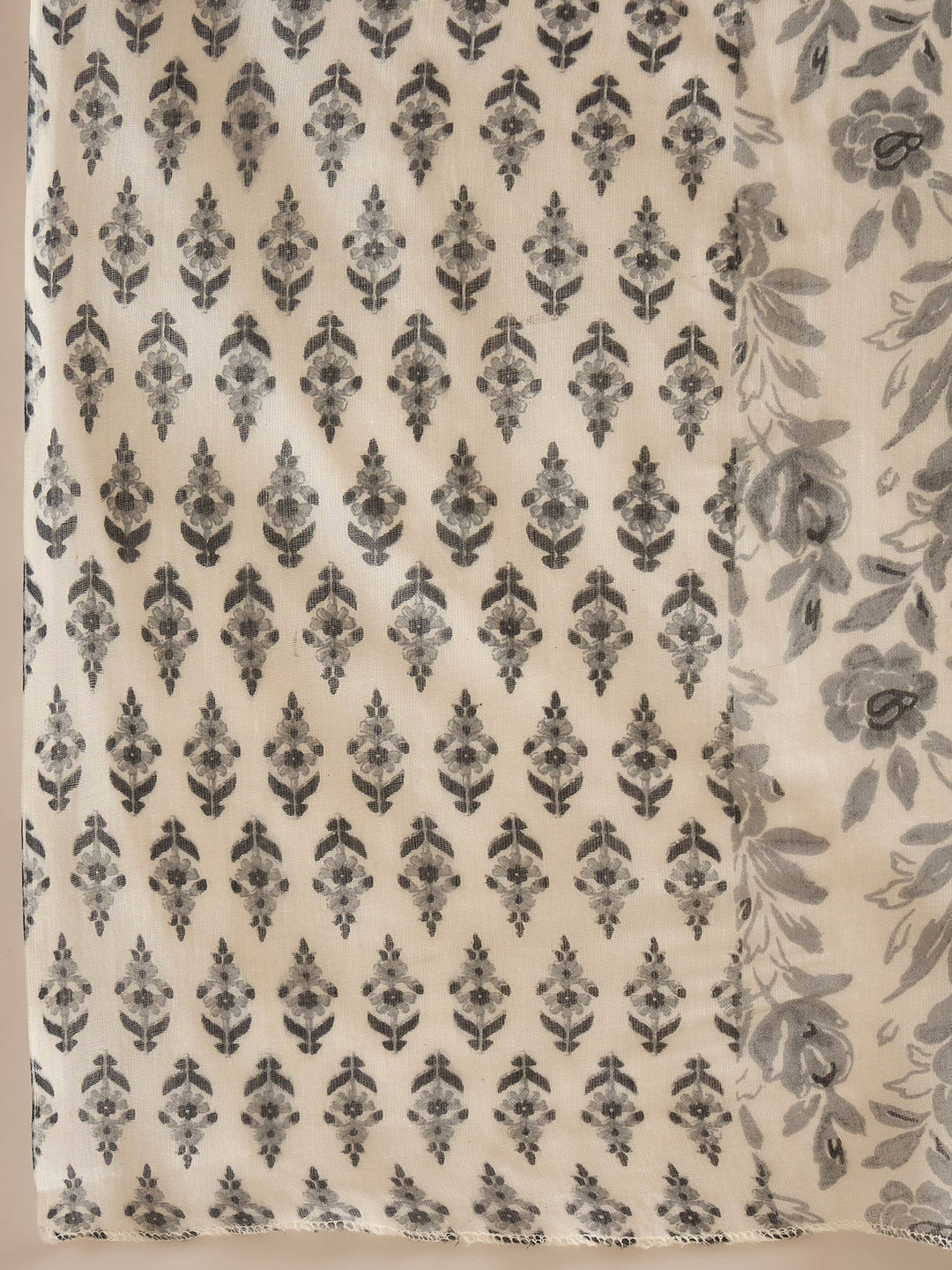 Grey Floral Printed Cotton Straight Kurta Pant Dupatta Set