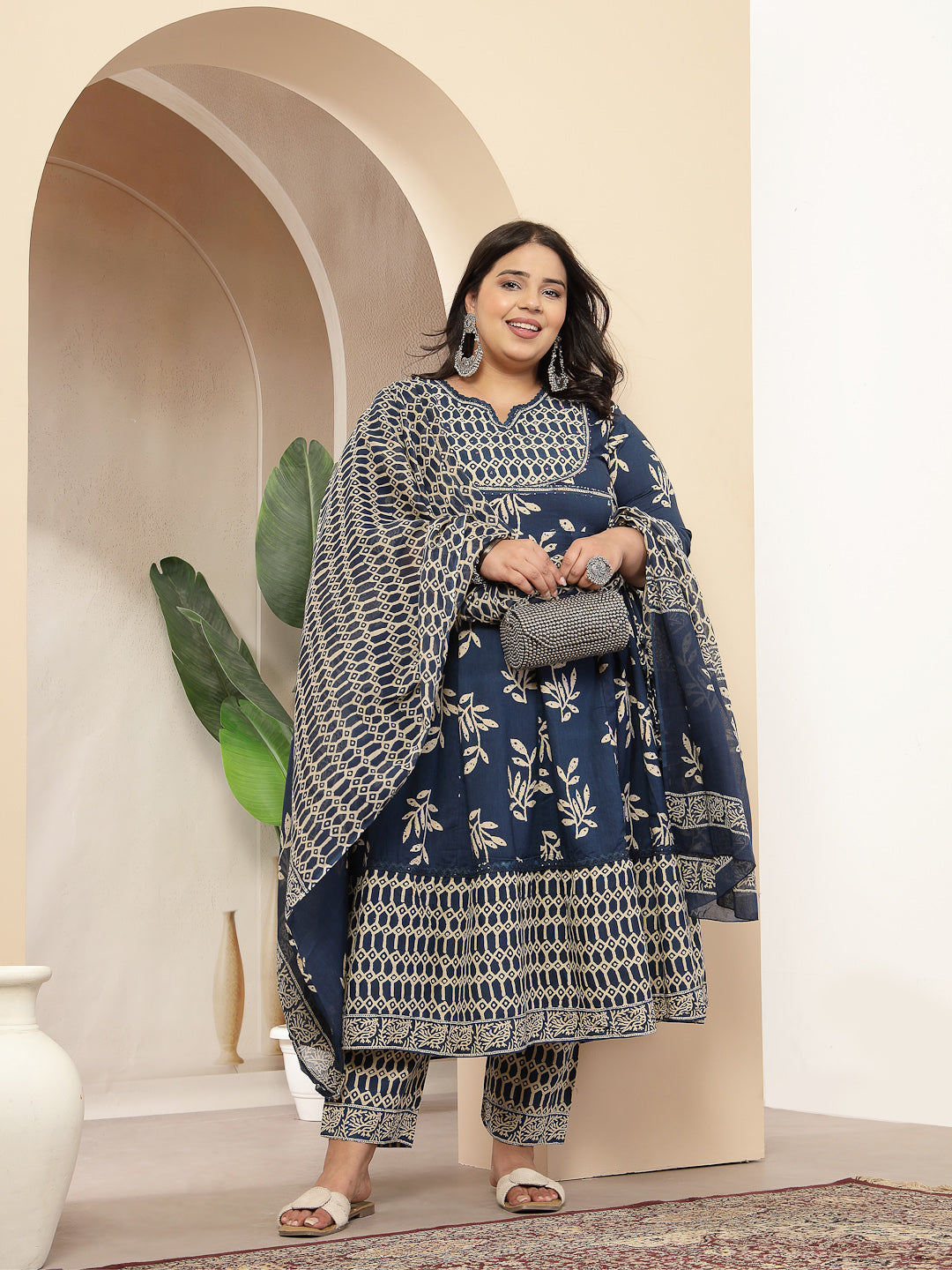 Plus Size Blue Floral Printed Cotton Anarkali Kurta Pant Dupatta Set