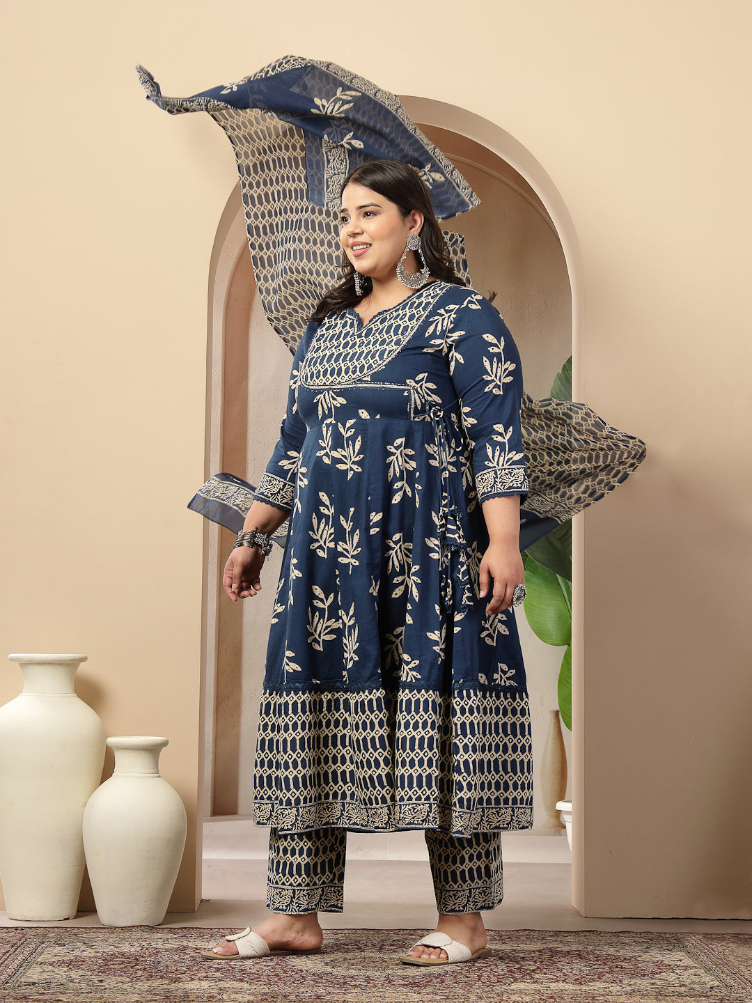 Plus Size Blue Floral Printed Cotton Anarkali Kurta Pant Dupatta Set