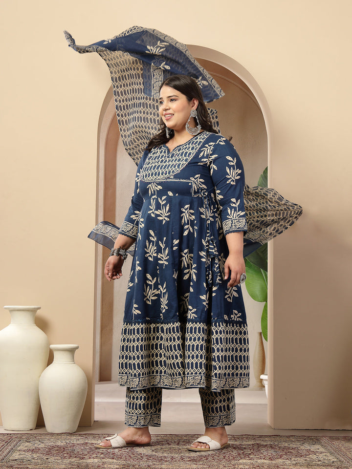 Plus Size Blue Floral Printed Cotton Anarkali Kurta Pant Dupatta Set