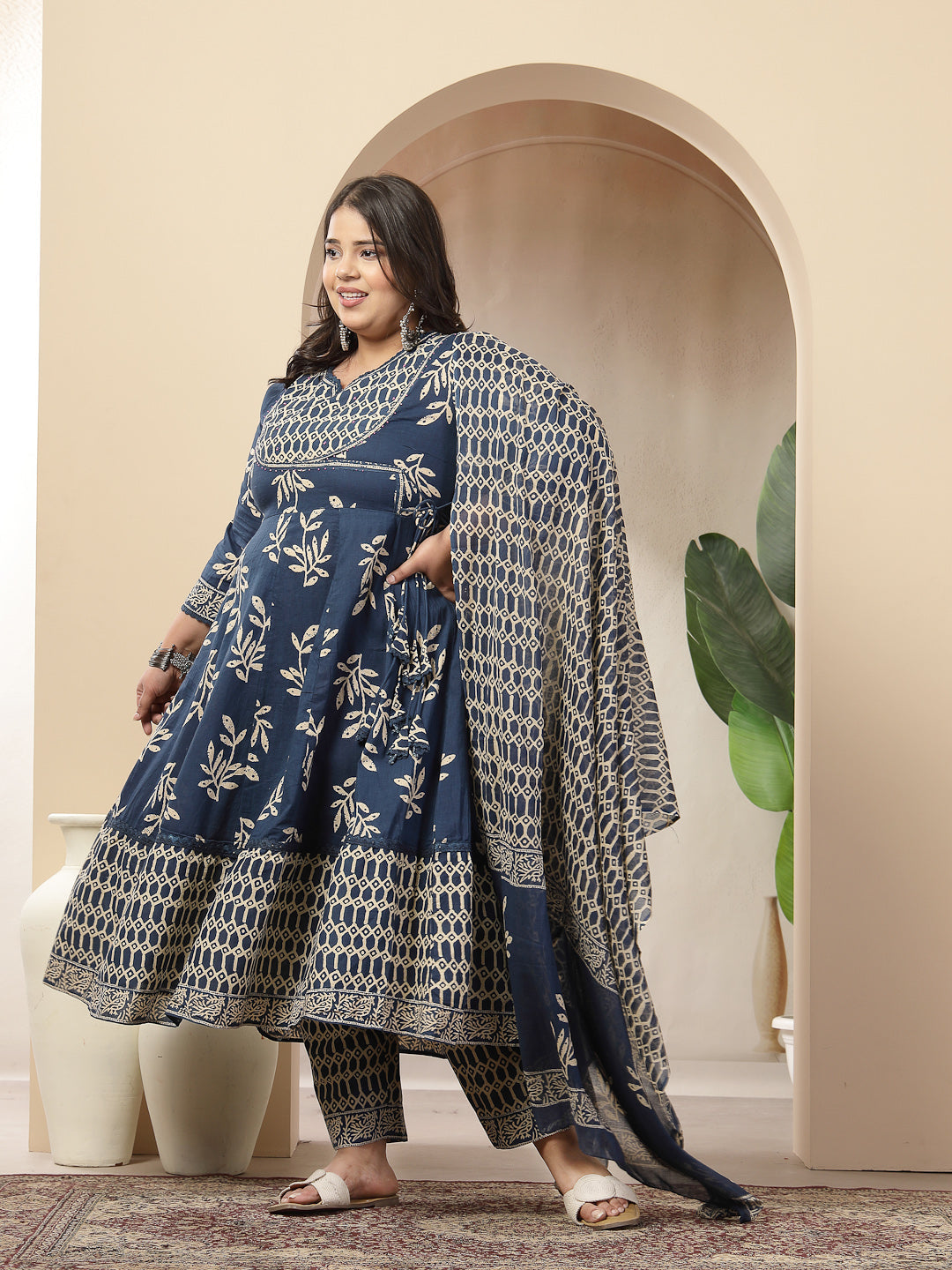 Plus Size Blue Floral Printed Cotton Anarkali Kurta Pant Dupatta Set