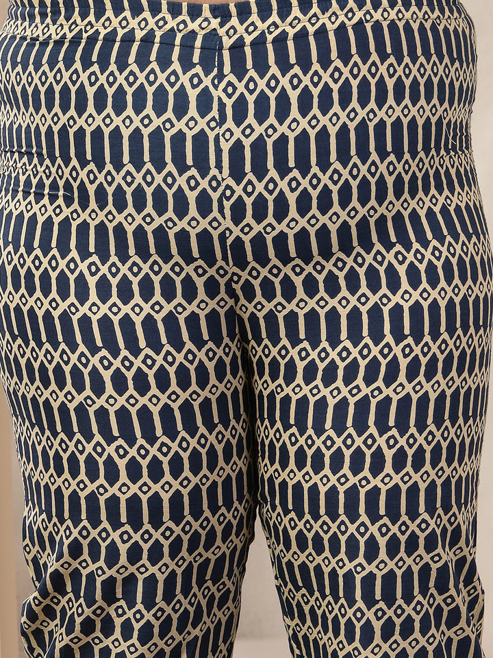 Plus Size Blue Floral Printed Cotton Anarkali Kurta Pant Dupatta Set