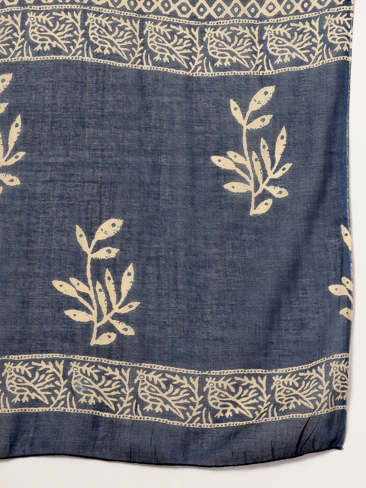 Plus Size Blue Floral Printed Cotton Anarkali Kurta Pant Dupatta Set