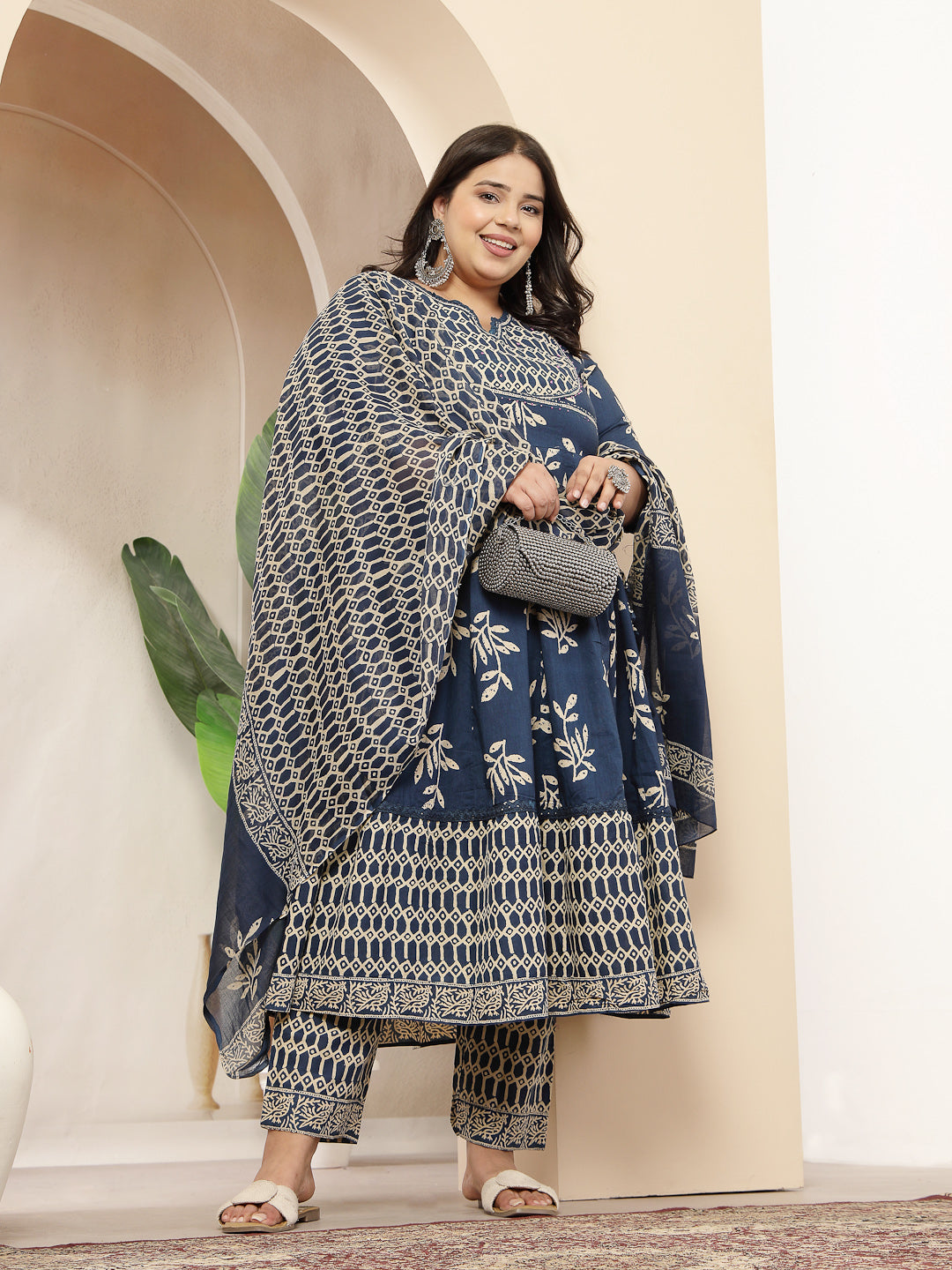 Plus Size Blue Floral Printed Cotton Anarkali Kurta Pant Dupatta Set