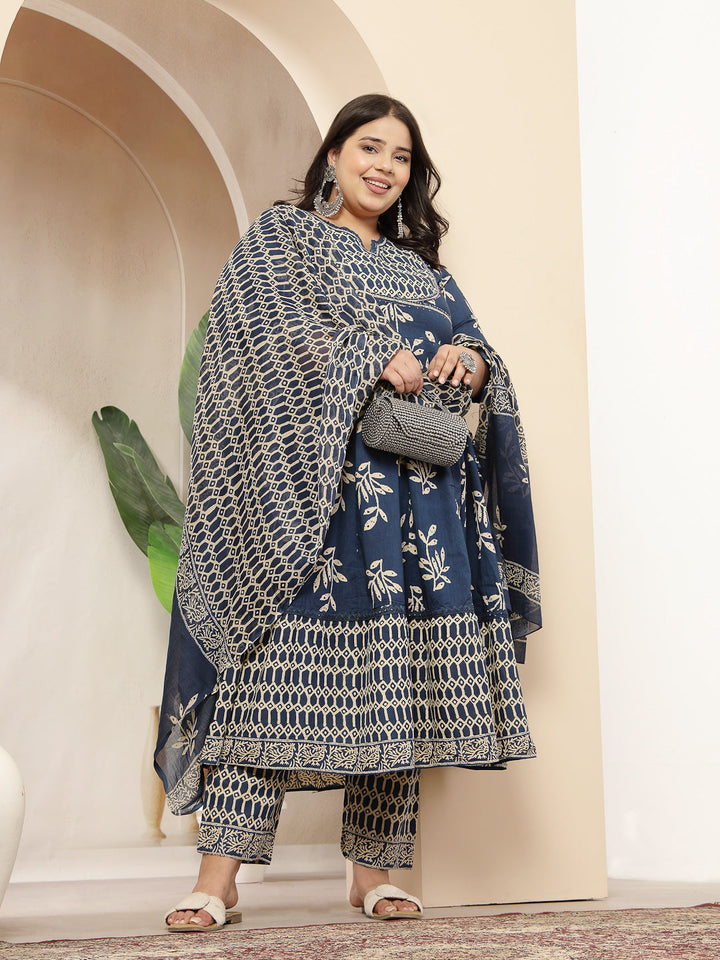 Plus Size Blue Floral Printed Cotton Anarkali Kurta Pant Dupatta Set