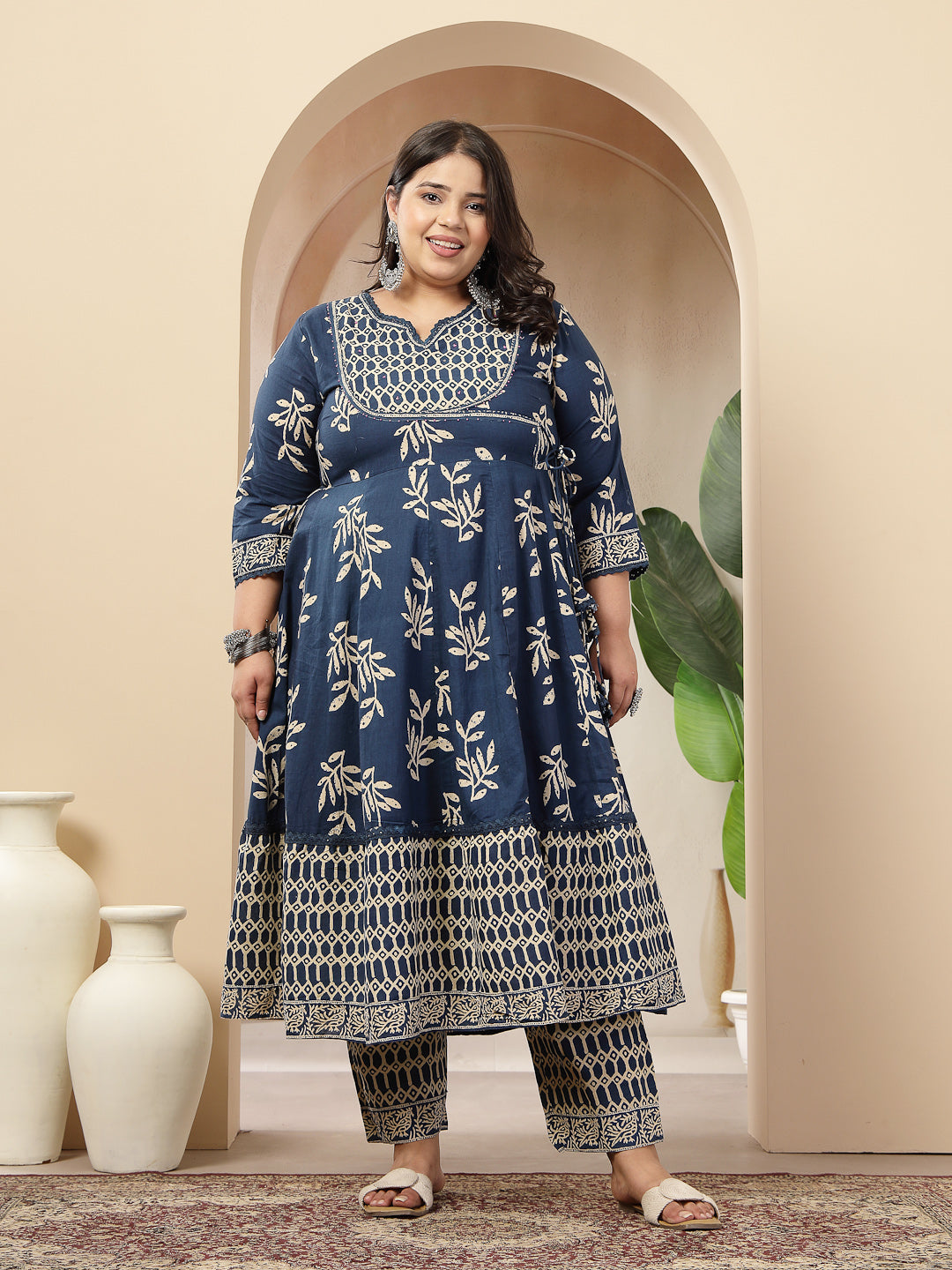 Plus Size Blue Floral Printed Cotton Anarkali Kurta Pant Dupatta Set