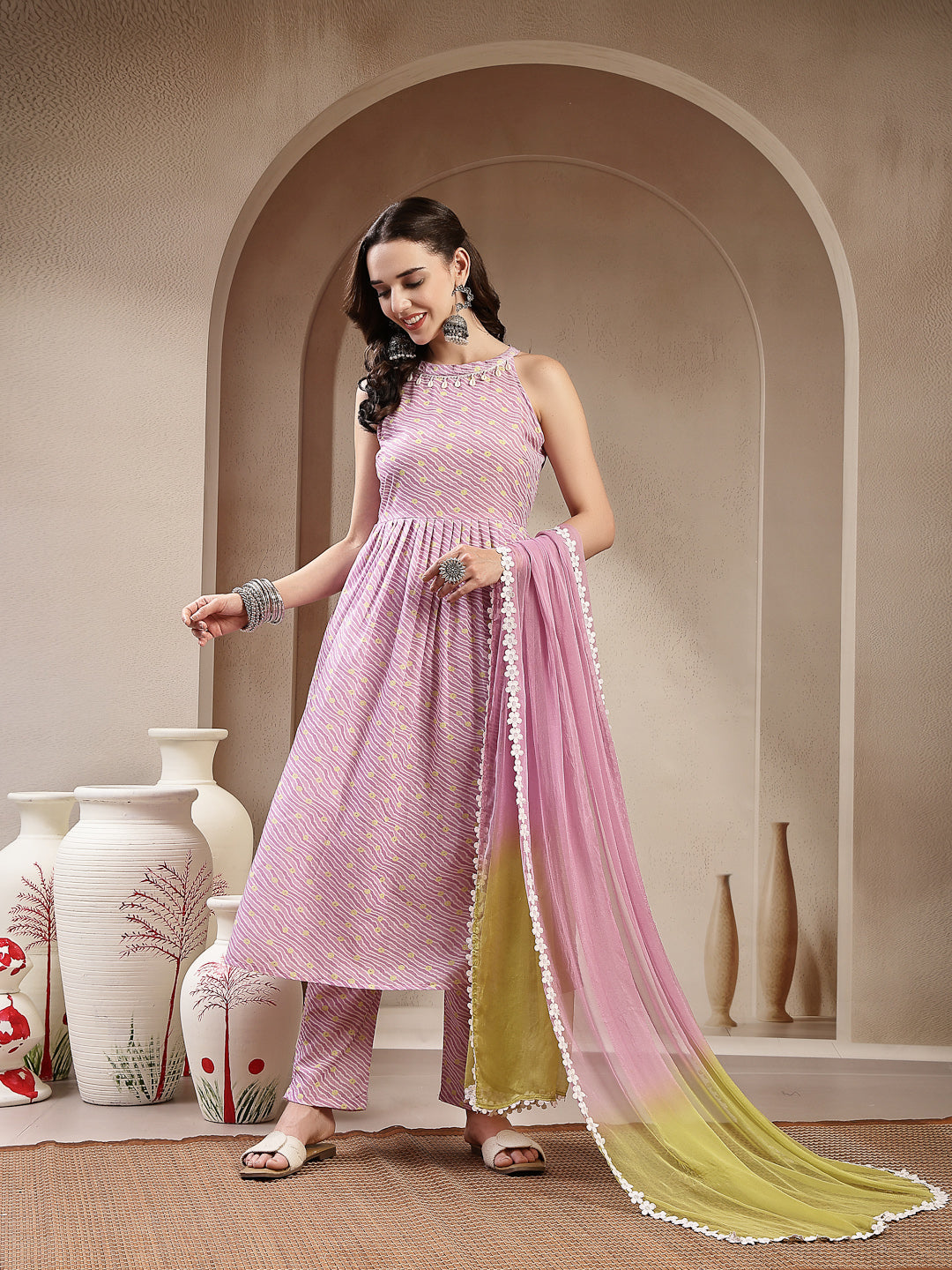 Lavender Leheriya Printed Cotton Flared Kurta Pant Dupatta Set