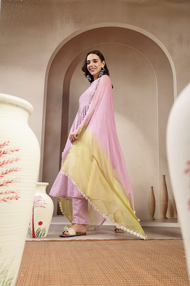 Lavender Leheriya Printed Cotton Flared Kurta Pant Dupatta Set