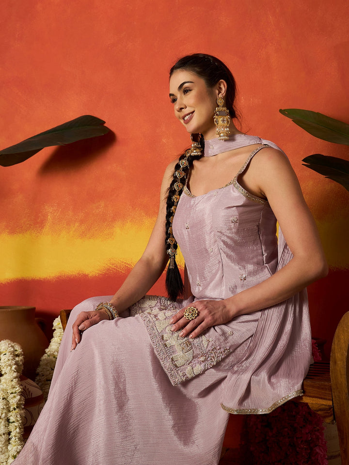 Lavender Solid & Embroidered Silk Blend Straight Kurti Palazzo Dupatta Set