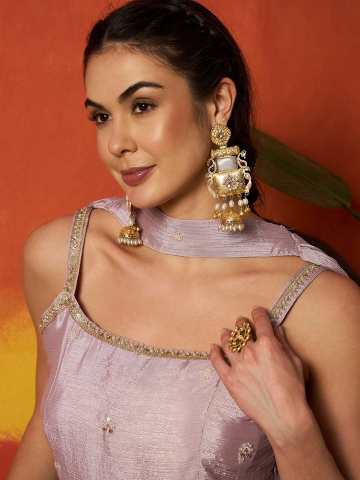 Lavender Solid & Embroidered Silk Blend Straight Kurti Palazzo Dupatta Set