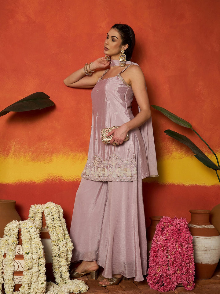 Lavender Solid & Embroidered Silk Blend Straight Kurti Palazzo Dupatta Set