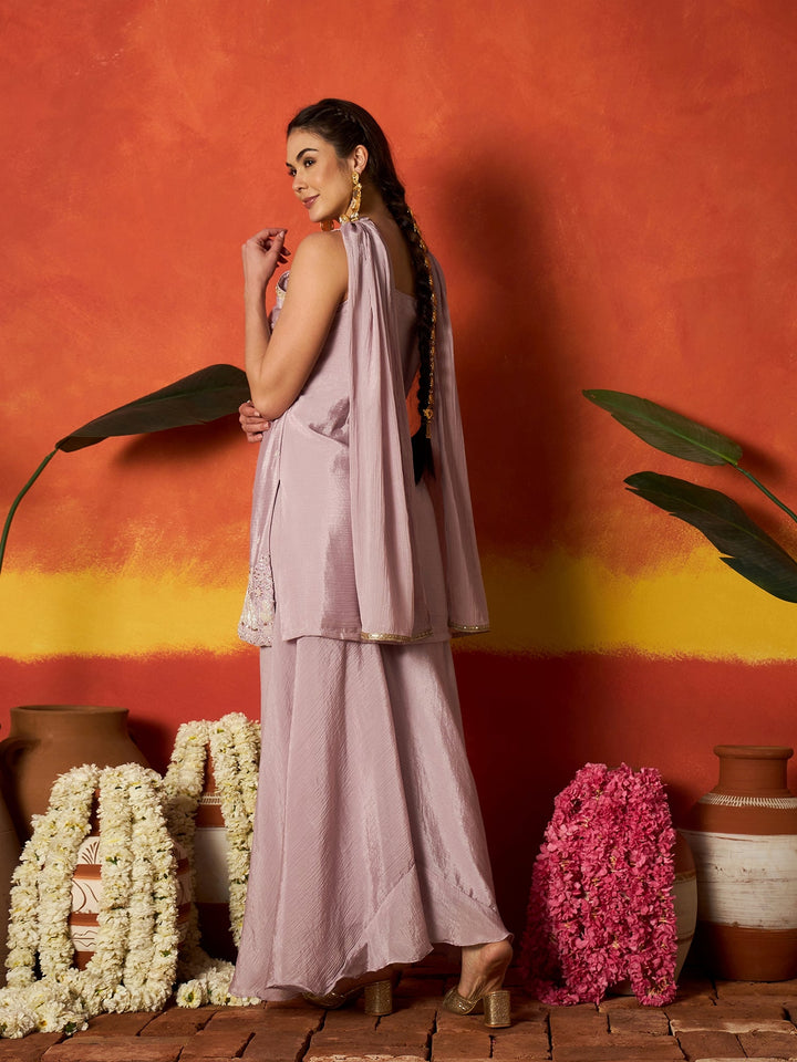 Lavender Solid & Embroidered Silk Blend Straight Kurti Palazzo Dupatta Set