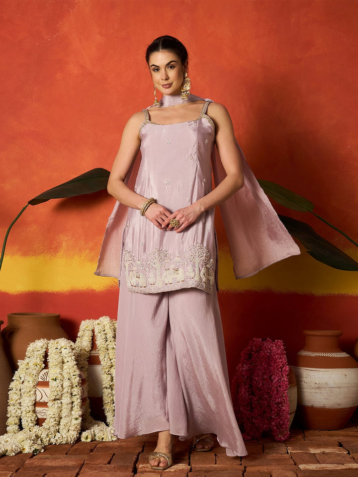 Lavender Solid & Embroidered Silk Blend Straight Kurti Palazzo Dupatta Set