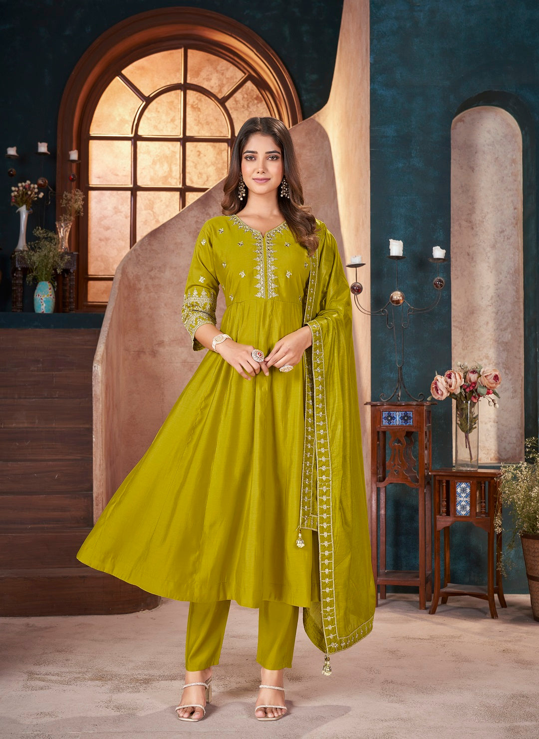Lime-Green-Silk-Solid-&-Embroidered-3-Piece-Anarkali-Set